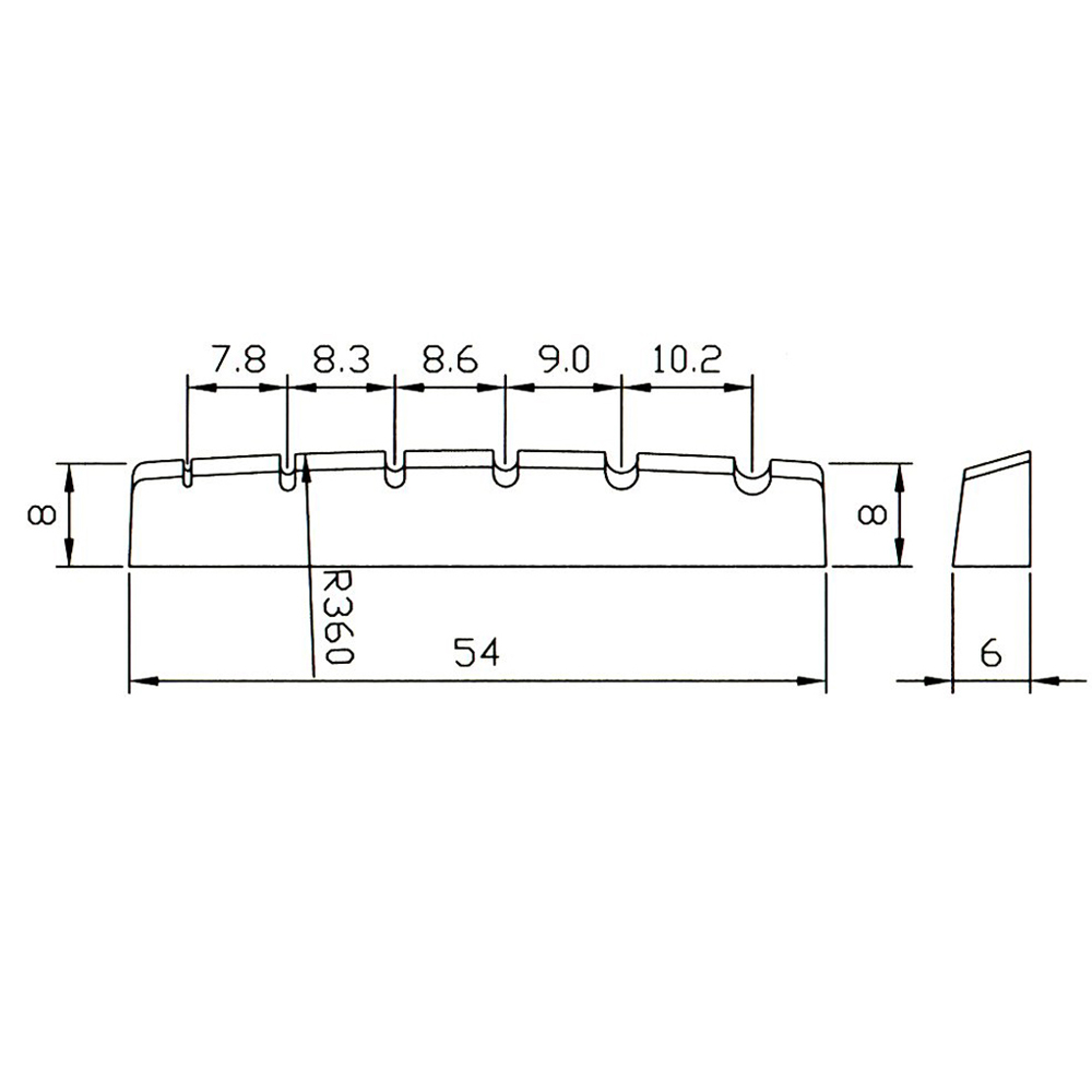 54 mm x 6 mm Six String Bass Nut in Black, White or Ivory
